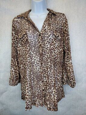French Laundry Cheetah Print Sheer Blouse Women L Roll Tab Sleeve Button Up Goth